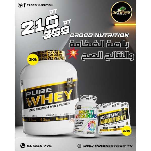 Pack Pure Whey GSN : Whey 2kg + Créatine 200g + Multivitamines