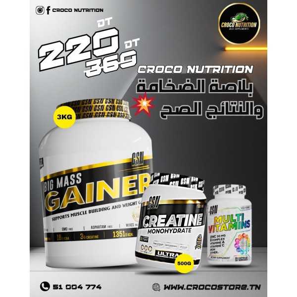Pack GSN Big Mass : Gainer 3kg + Créatine 500g + Multivitamines