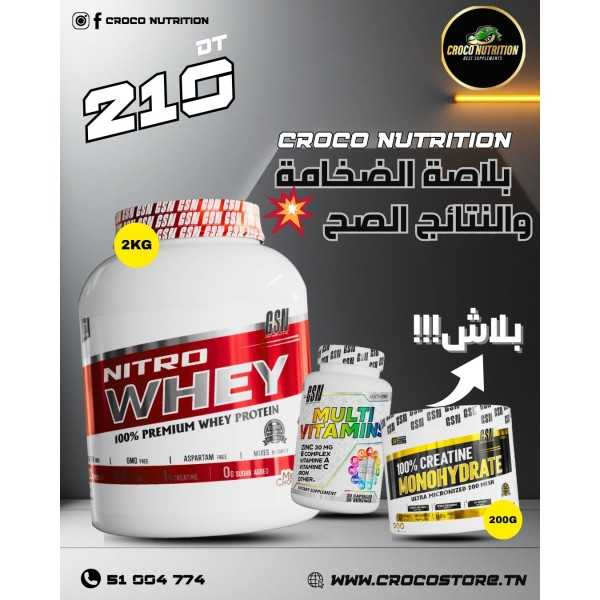 Pack GSN Nitro Whey : Whey 2kg + Créatine 200g + Multivitamines