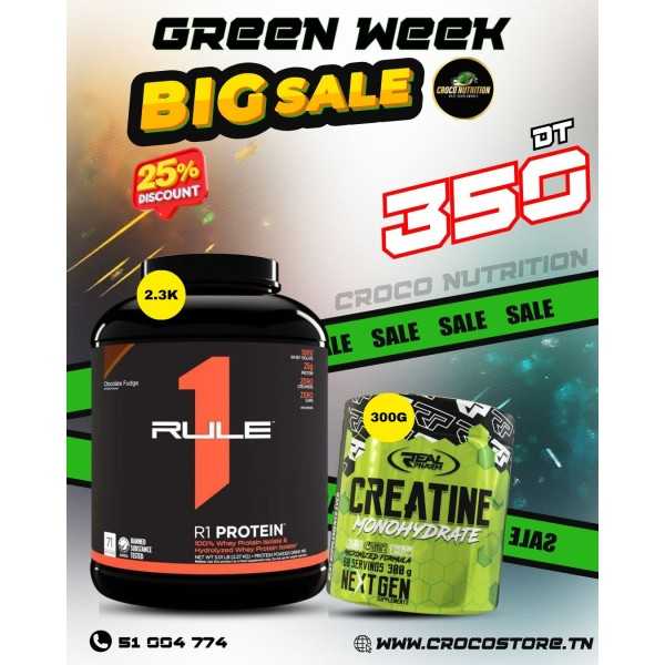 Pack Masse & Performance : Rule 1 Whey + Créatine 300g Real Pharm