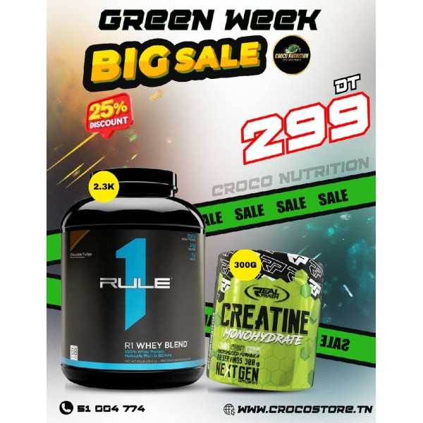 Pack Masse & Performance : Rule 1 Whey Blend + Créatine 300g Real Pharm