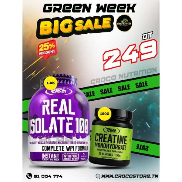 Pack Masse & Performance : Real Isolate 100 + Créatine 150g Real Pharm