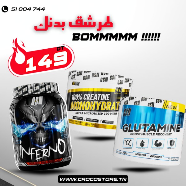 GSN PACK - INFERNO 450 + CREATINE 200G + GLUTAMINE 250G